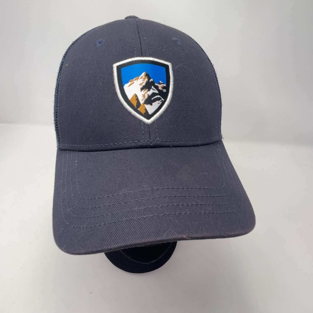 KUHL Trucker Hat Blue Mountain Shield Logo Mesh Back Snapback Cap Hike OSFA
